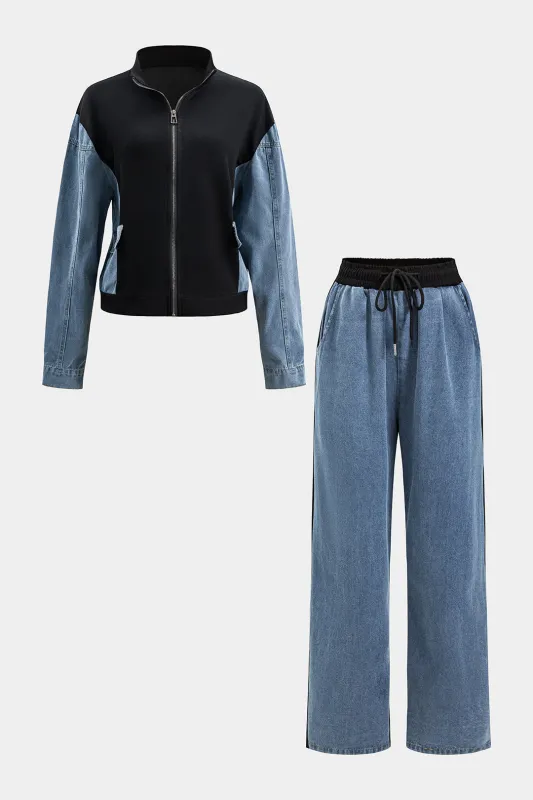 Denim Patchwork Outerwear And Drawstring Jeans Suit sold by Micas