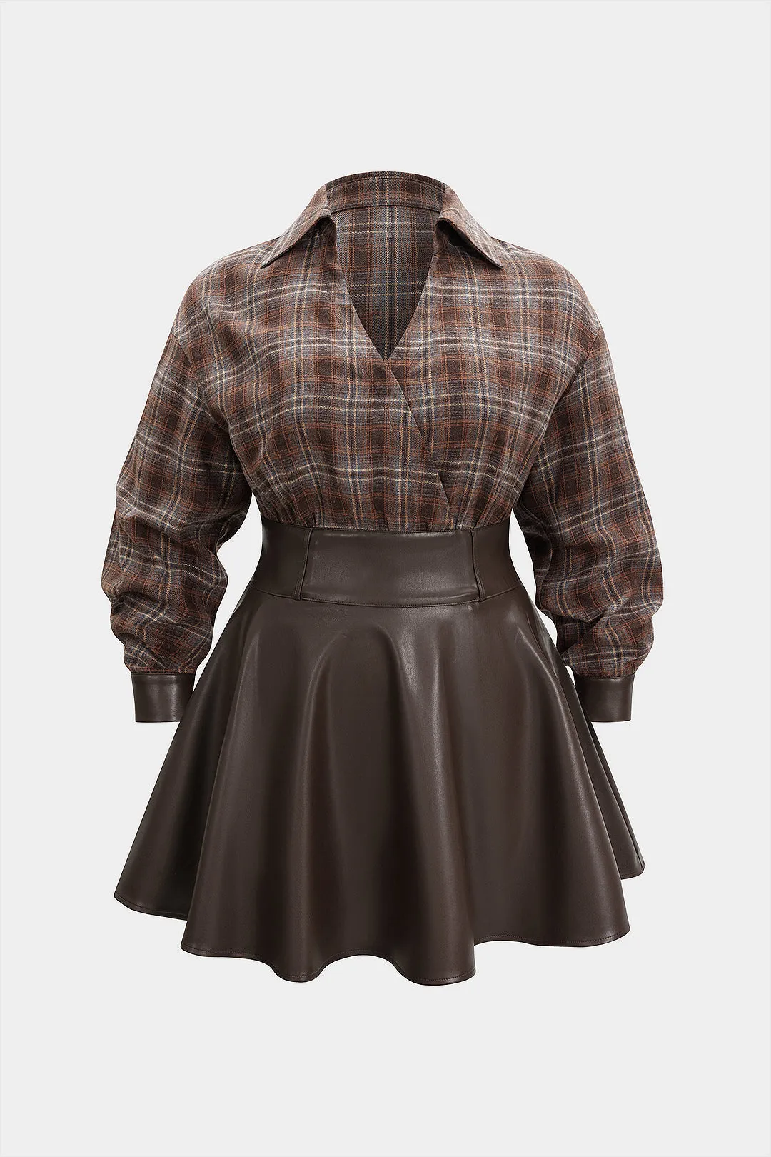 Plus Size Plaid Print Faux Leather Patchwork V-Neck Long Sleeve Mini Dress sold by Micas