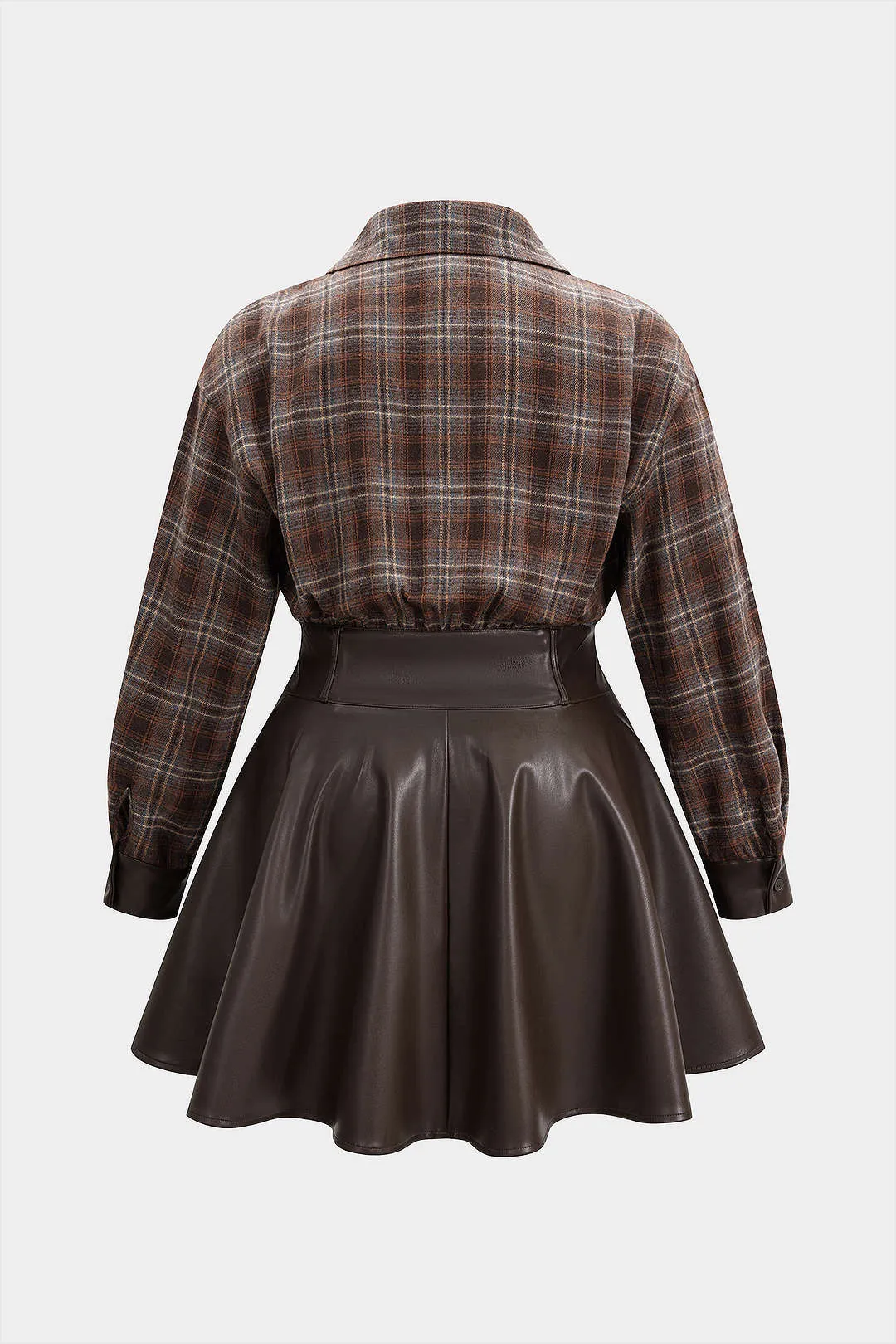 Plus Size Plaid Print Faux Leather Patchwork V-Neck Long Sleeve Mini Dress sold by Micas product image thumbnail 2