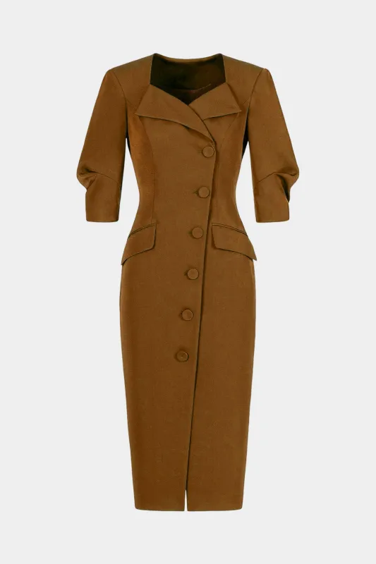 Ruched Asymmetrical Button Short Sleeve Midi Dress sold by Micas