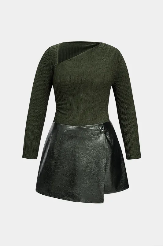 Plus Size Faux Leather Patchwork Asymmetrical Long Sleeve Mini Dress sold by Micas