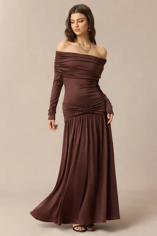 Off Shoulder Ruched Long Sleeve Maxi Dress sold by Micas