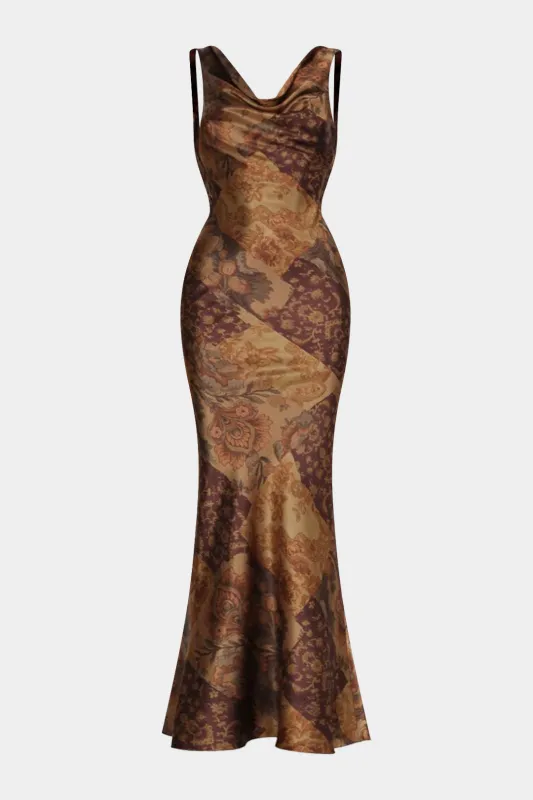 Retro Print Satin Backless Sleeveless Maxi Dress sold by Micas