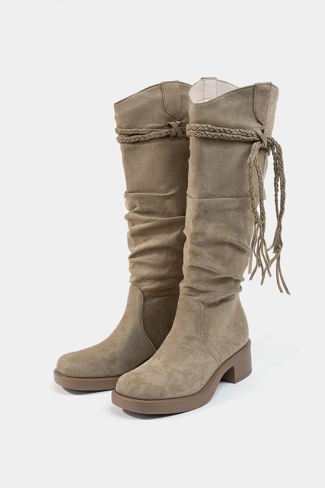 Suede Leather Fringe Braided Knee High Boots sold by Micas