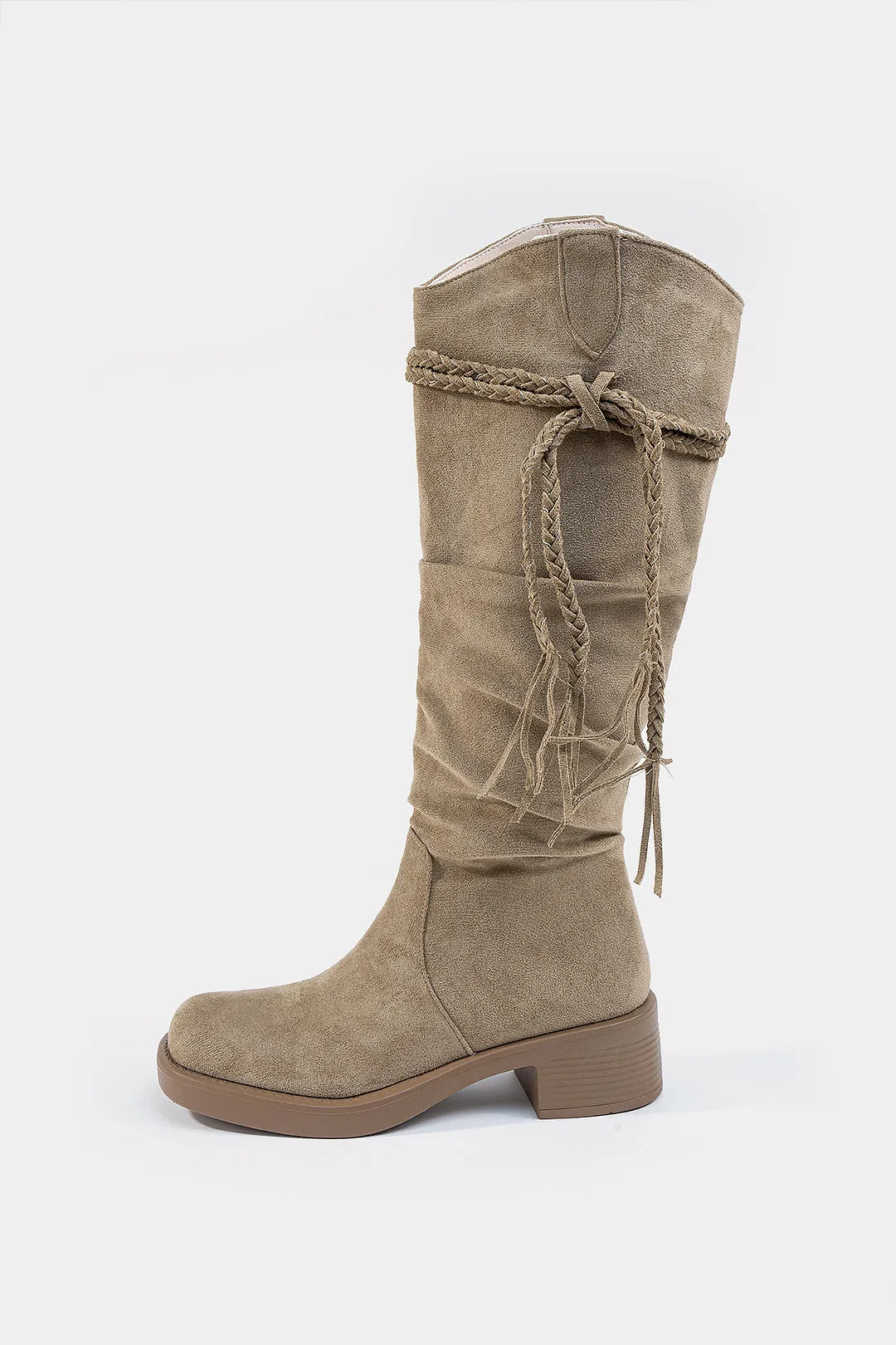 Suede Leather Fringe Braided Knee High Boots sold by Micas product image thumbnail 2