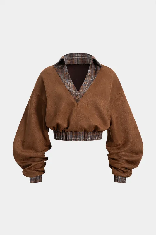 Plaid Print Suede Patchwork Button Shirred Waistband Sweatshirt sold by Micas