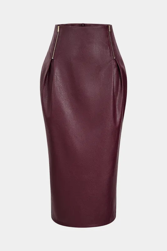 Faux Leather Zipper Detail High Waist Skirt sold by Micas