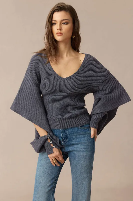 Knit Cut Out V-Neck Long-Sleeve Top sold by Micas