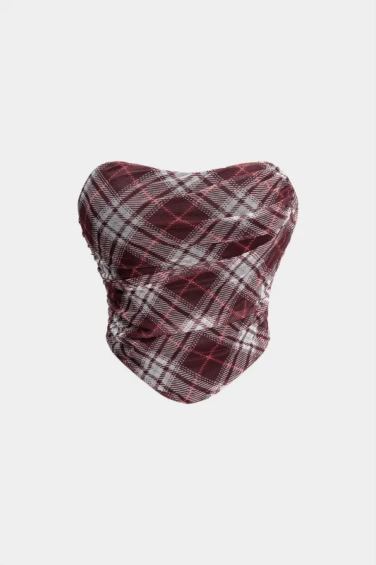 Plaid Print Mesh Zipper Ruched Tube Top sold by Micas