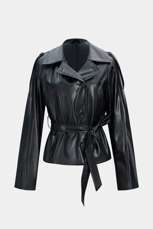 Faux Leather Button Tie-Front Pocket Jacket sold by Micas