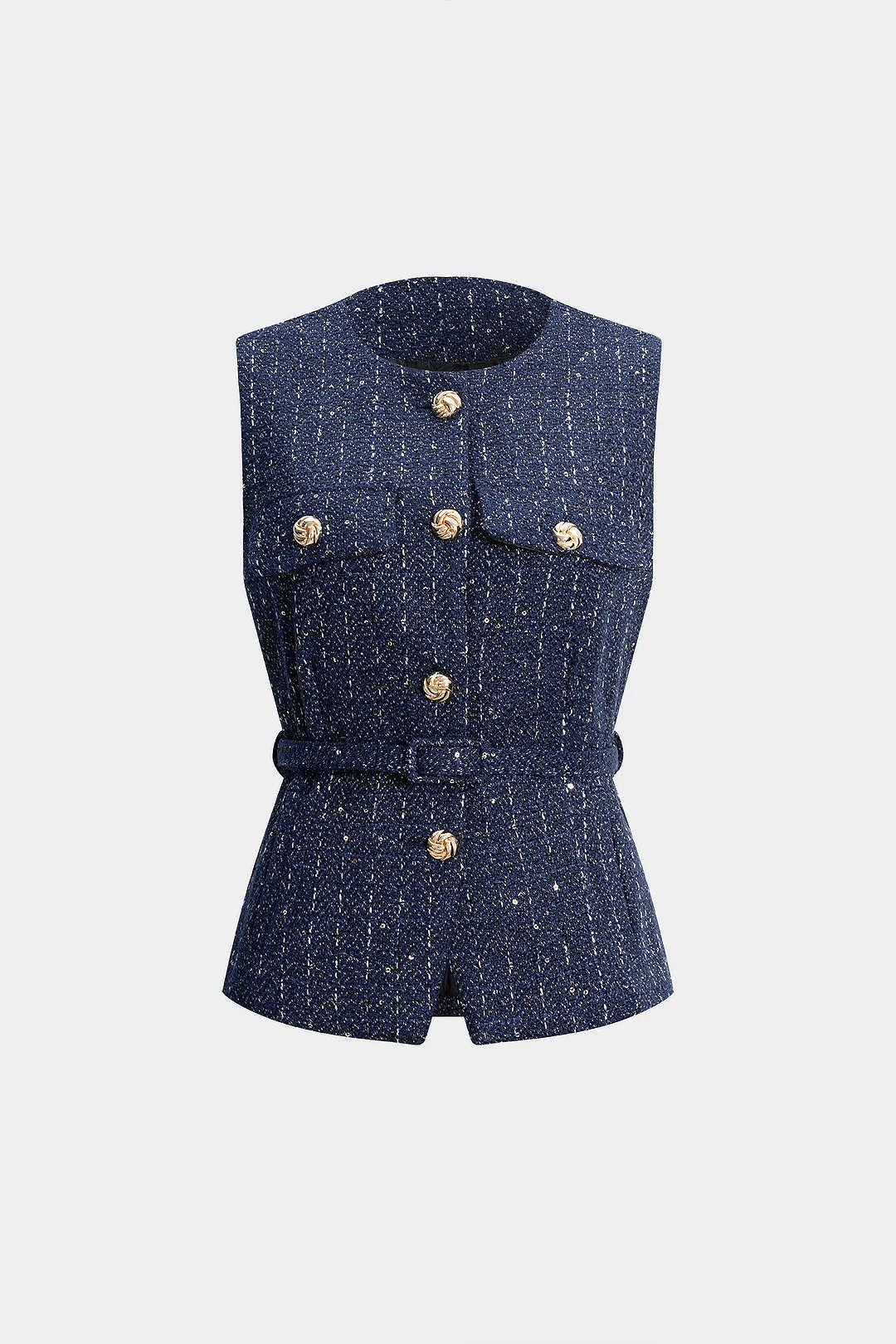 Metallic Button Belted Vest sold by Micas