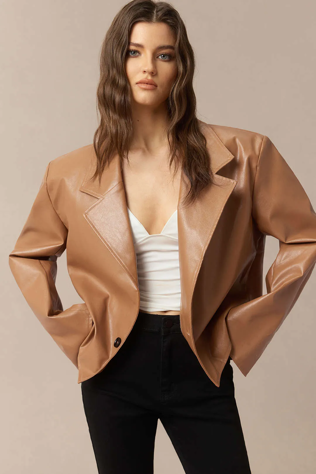 Faux Leather Notched Lapel Jacket sold by Micas