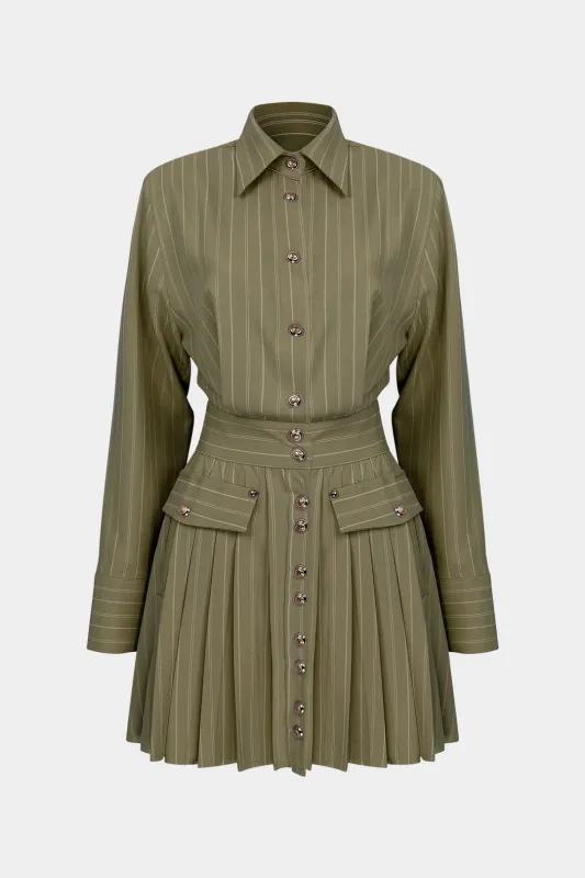 Stripes Print Button Long-Sleeve Top And Pleated Mini Skirt Set sold by Micas