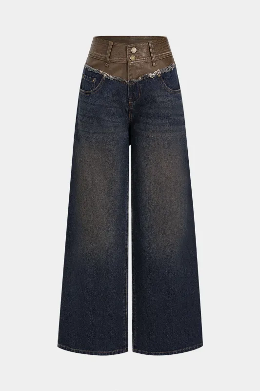 Denim Faux Leather Frayed Patchwork Jeans made by Micas