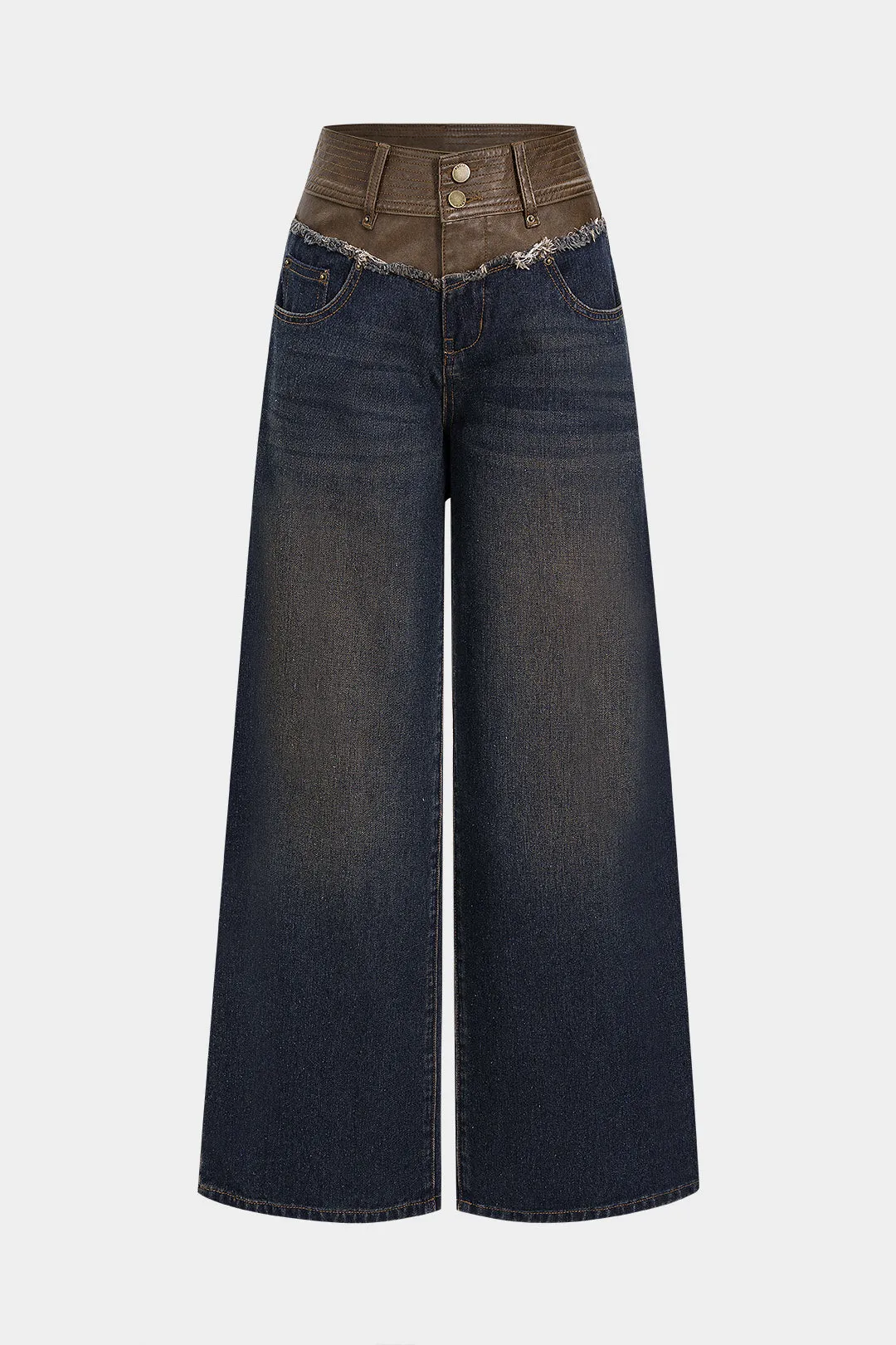 Denim Faux Leather Frayed Patchwork Jeans sold by Micas