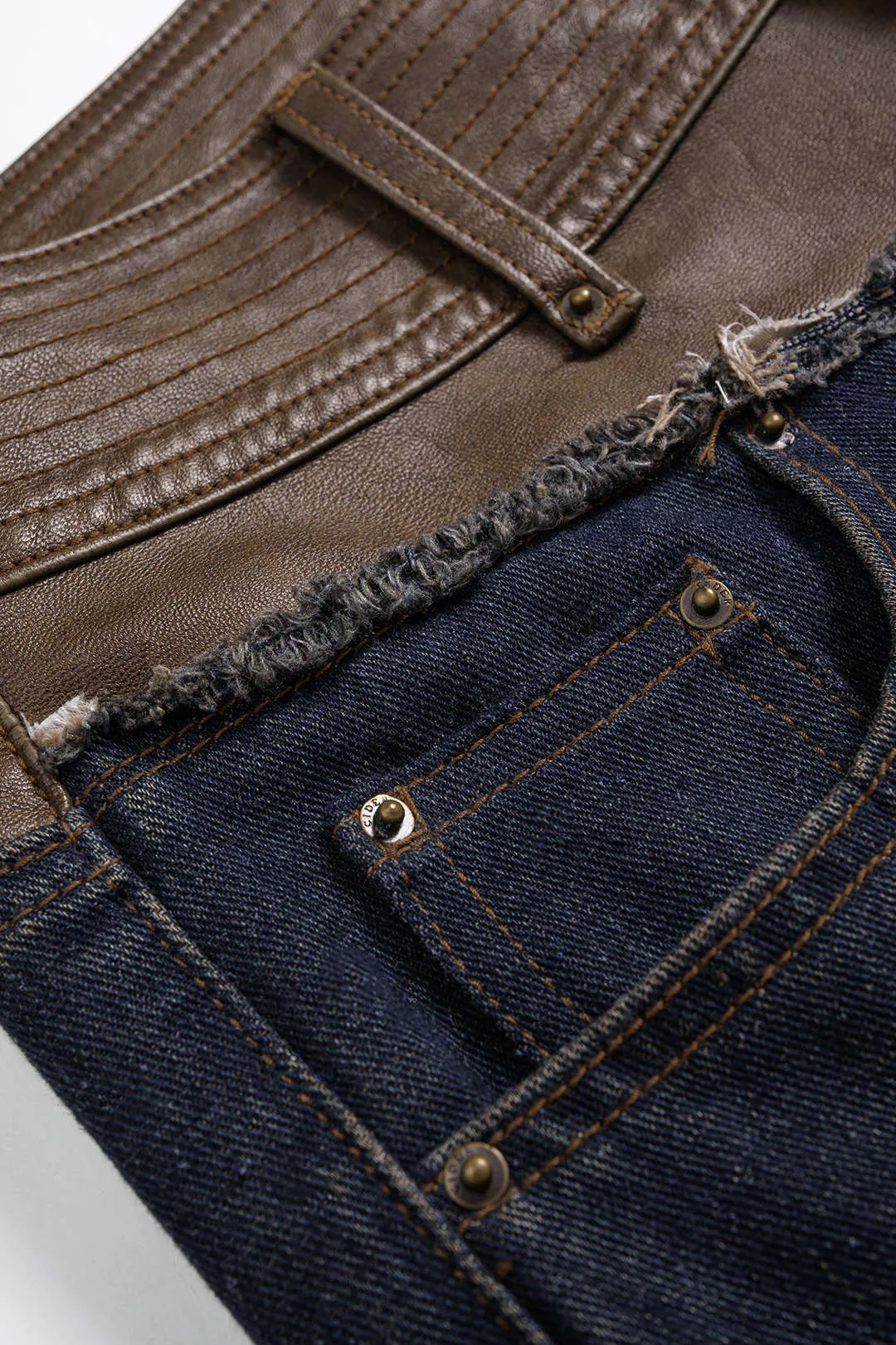 Denim Faux Leather Frayed Patchwork Jeans sold by Micas product image thumbnail 3