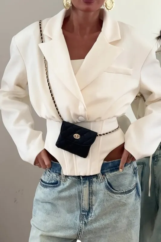 Notched Lapel Waist-Cinching Blazer sold by Micas