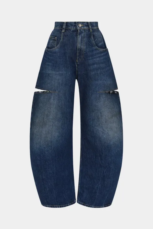 Denim Hollow Out Frayed Barrel Jeans sold by Micas