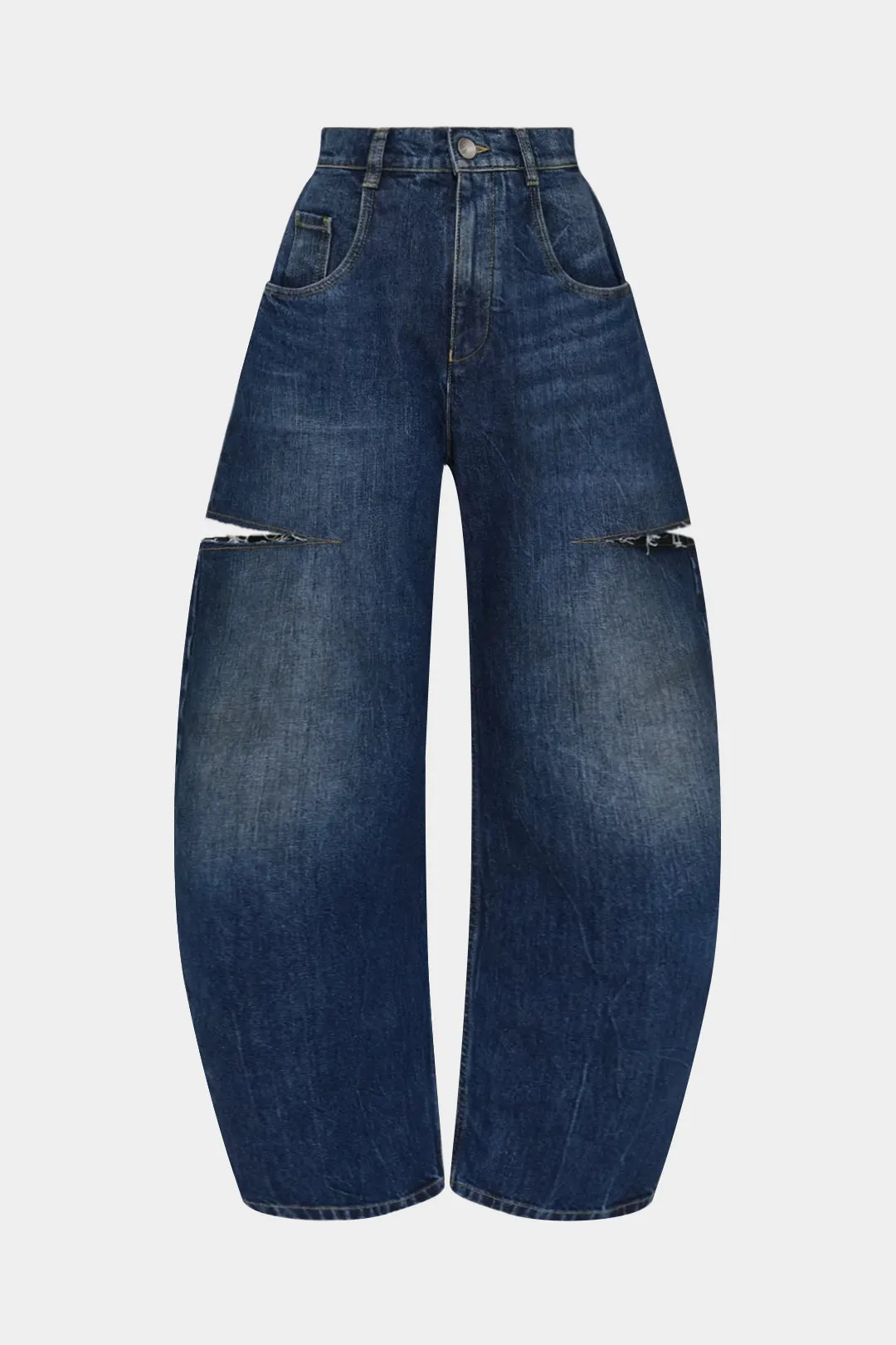 Denim Hollow Out Frayed Barrel Jeans sold by Micas