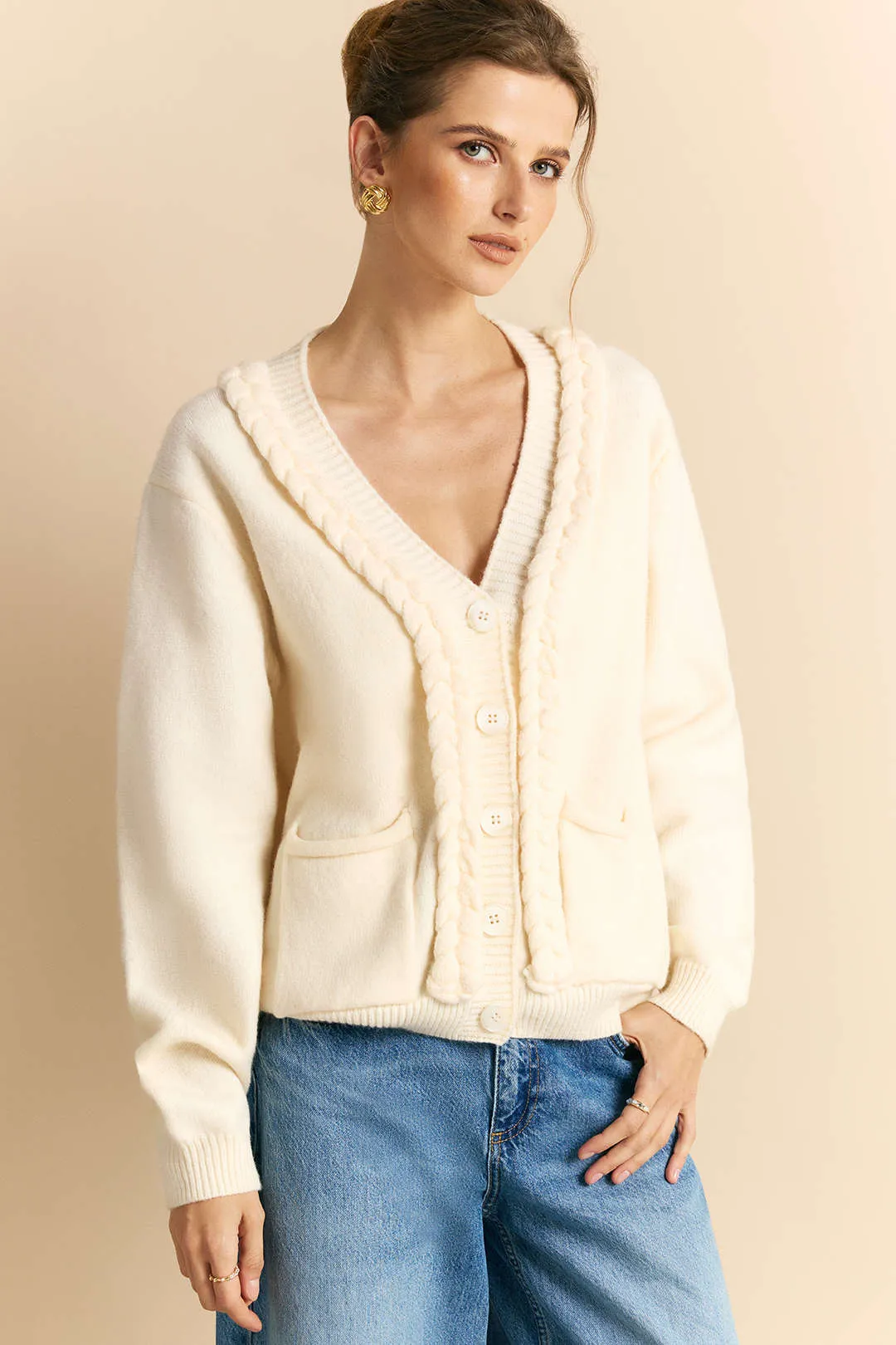 V-Neck Braided Sweater Cardigan sold by Micas product image thumbnail 5