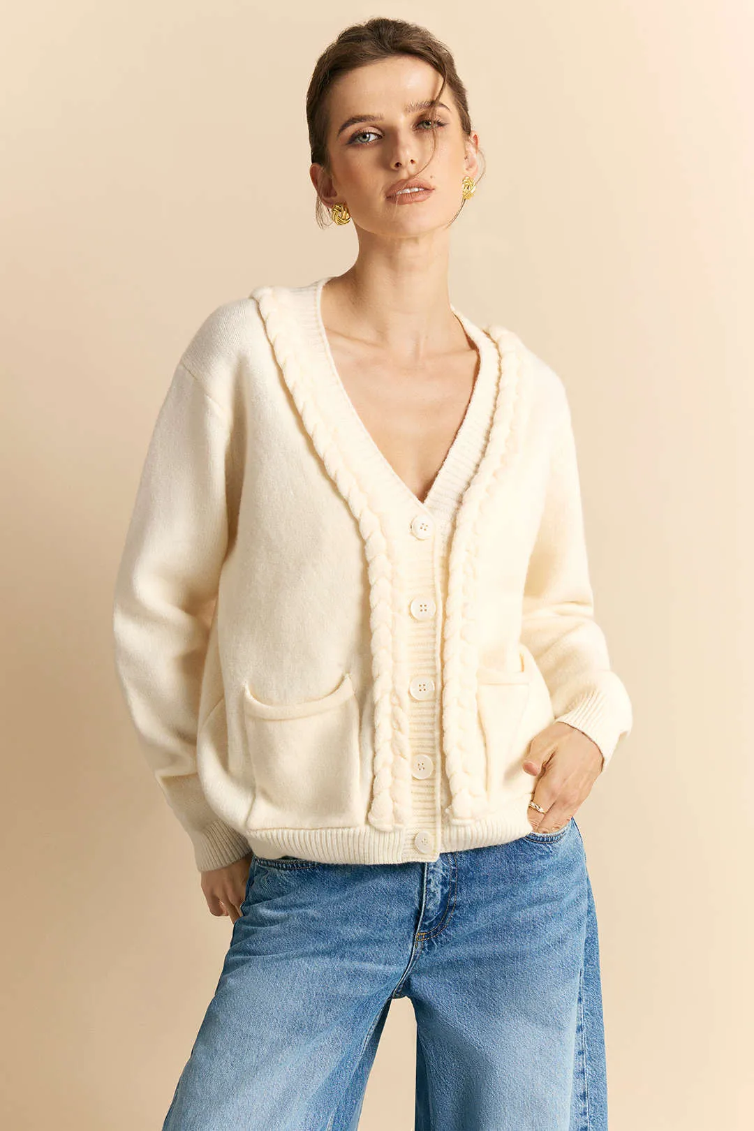 V-Neck Braided Sweater Cardigan sold by Micas