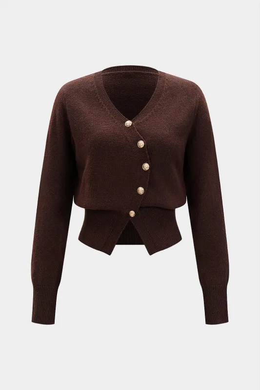Knit Metallic Asymmetric Button Cardigan sold by Micas