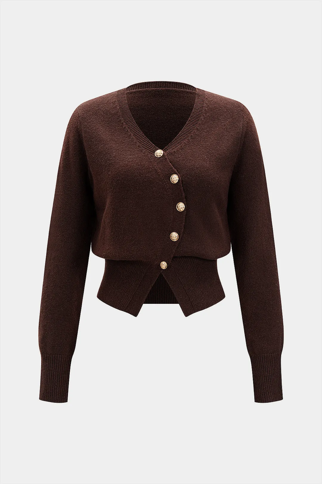 Knit Metallic Asymmetric Button Cardigan sold by Micas