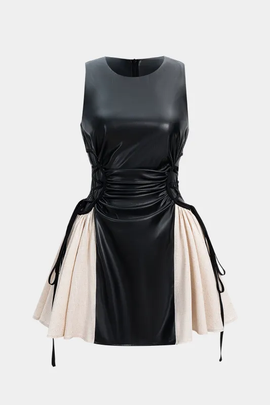 Faux Leather Patchwork Drawstring Sleeveless Mini Dress sold by Micas