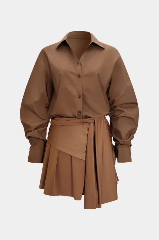 Ruched Tie Front Patchwork Long Sleeve Mini Dress sold by Micas