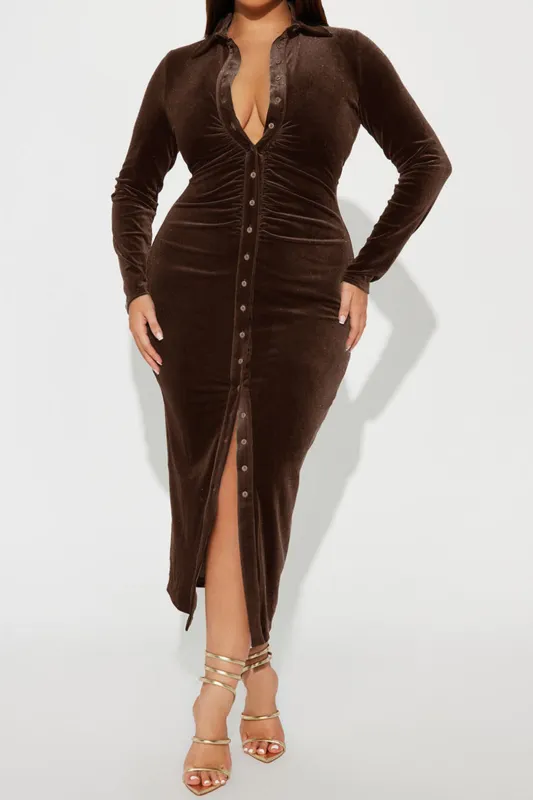 Plus Size Velvet Button Ruched Long Sleeve Midi Dress sold by Micas