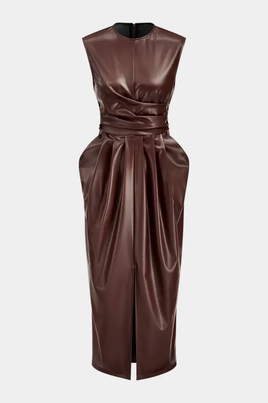 Faux Leather Round Neck Ruched Sleeveless Midi Dress sold by Micas