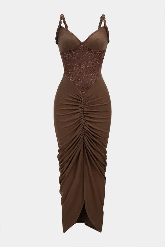 Lace Patchwork Ruched Twist Knot Slip Sleeveless Maxi Dress sold by Micas