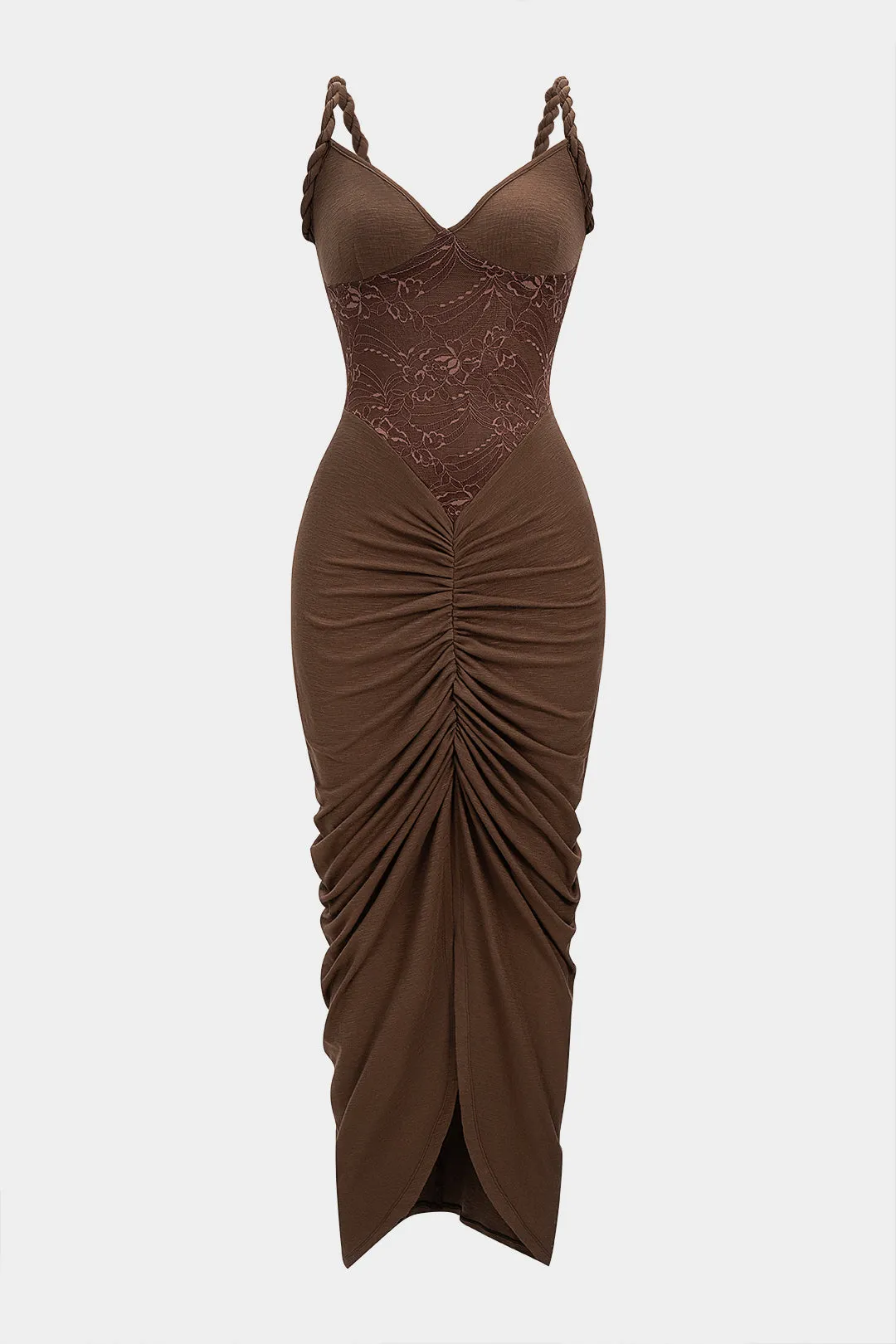 Lace Patchwork Ruched Twist Knot Slip Sleeveless Maxi Dress sold by Micas