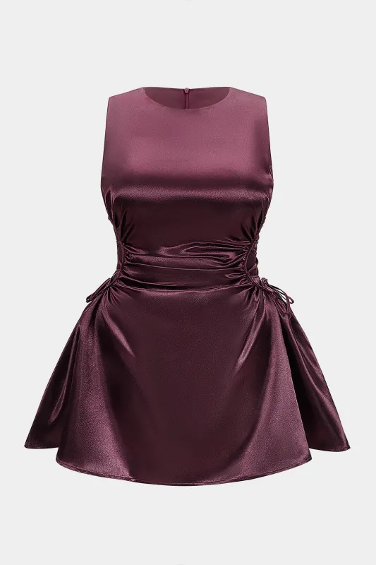 Plus Size Satin Round Neck Drawstring Sleeveless Mini Dress sold by Micas