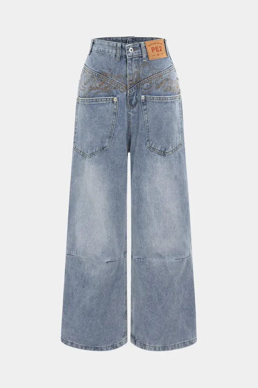 Denim Embroidery Pocket High Waist Straight Leg Jeans sold by Micas