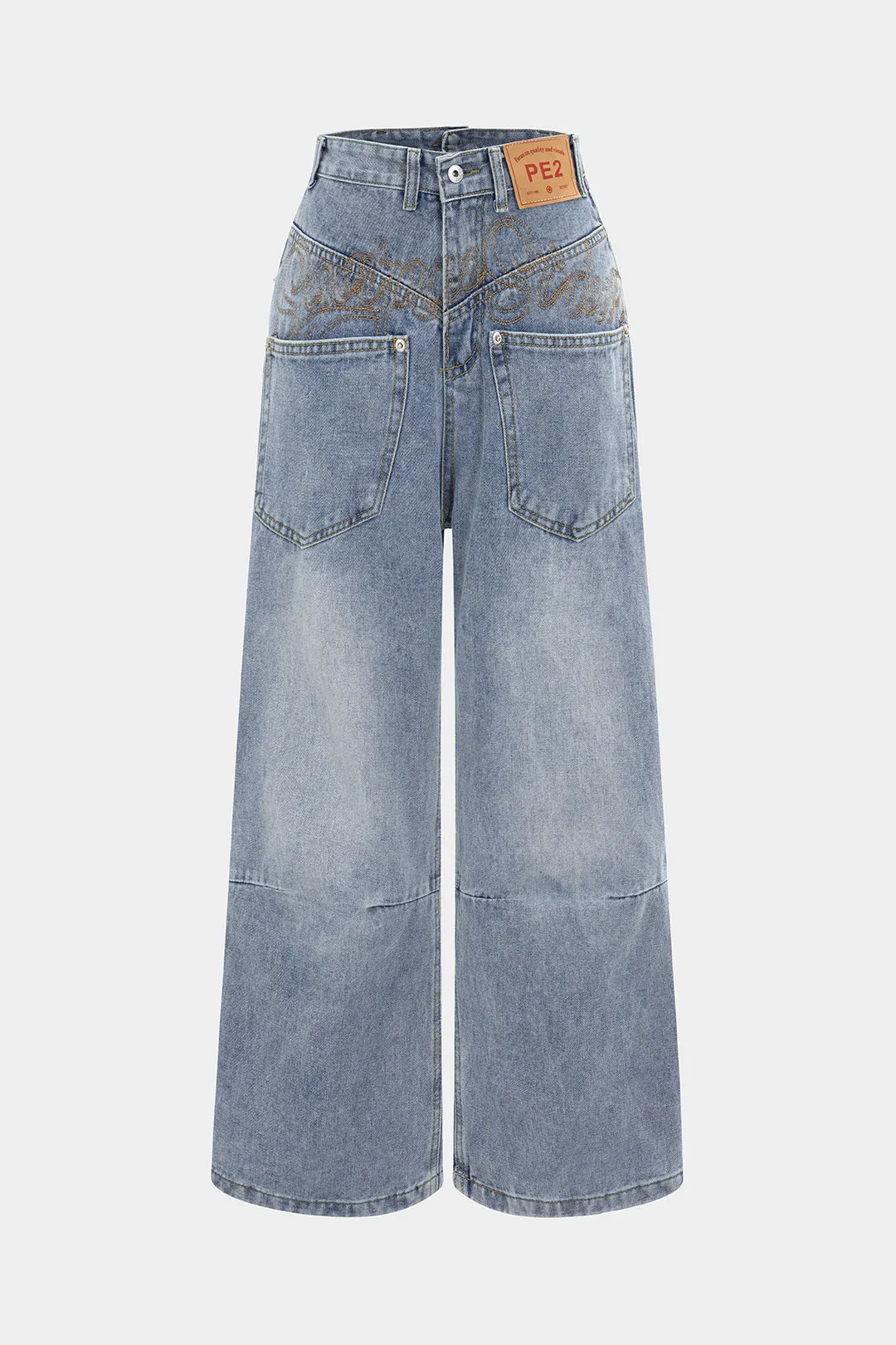 Denim Embroidery Pocket High Waist Straight Leg Jeans sold by Micas