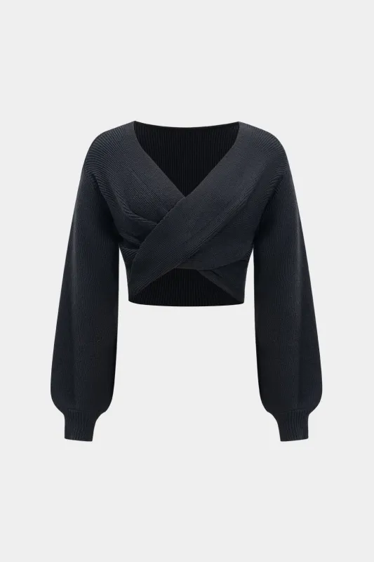 Knit V-Neck Crossed Ruched Long-Sleeve Top sold by Micas