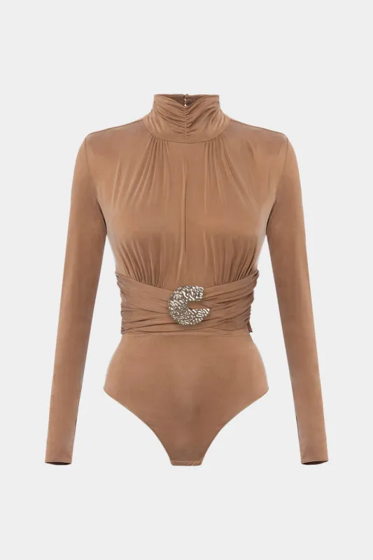 Metallic Decor Ruched Long Sleeve Bodysuit sold by Micas