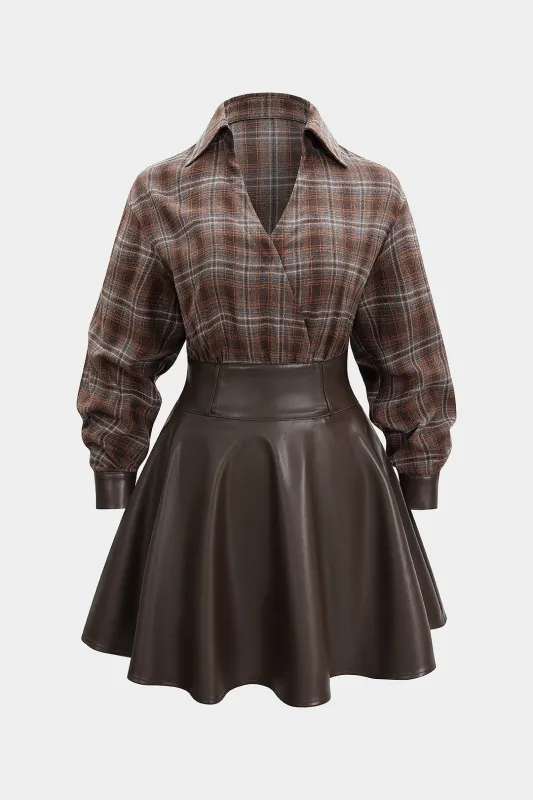 Faux Leather Patchwork Ruched Long Sleeve Mini Dress sold by Micas