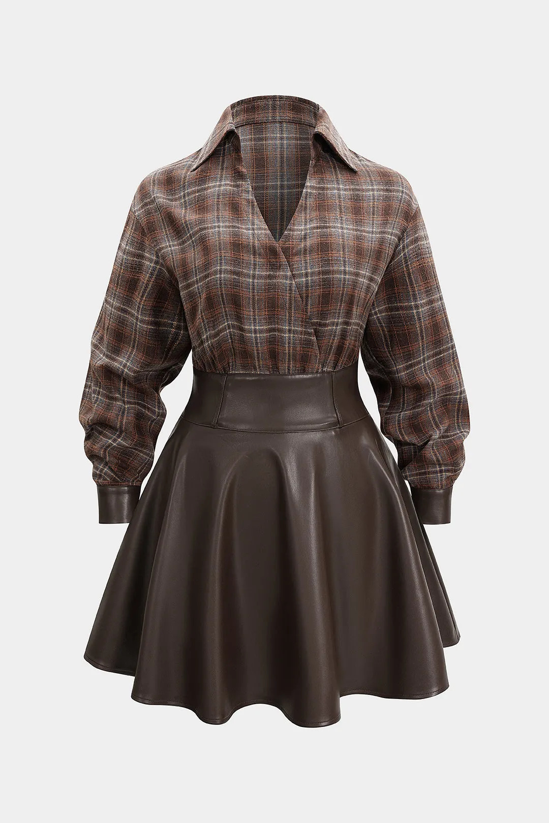 Faux Leather Patchwork Ruched Long Sleeve Mini Dress sold by Micas