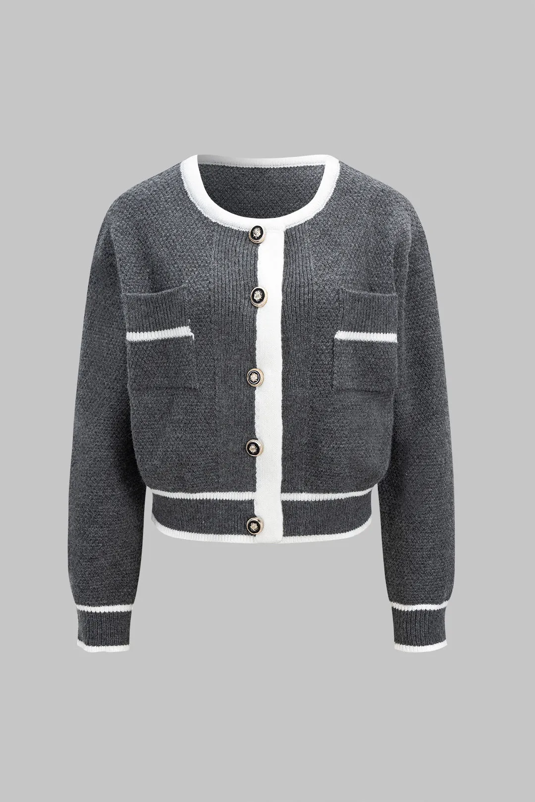 Knit Round Neck Contrast Binding Metallic Button Cardigan sold by Micas product image thumbnail 2