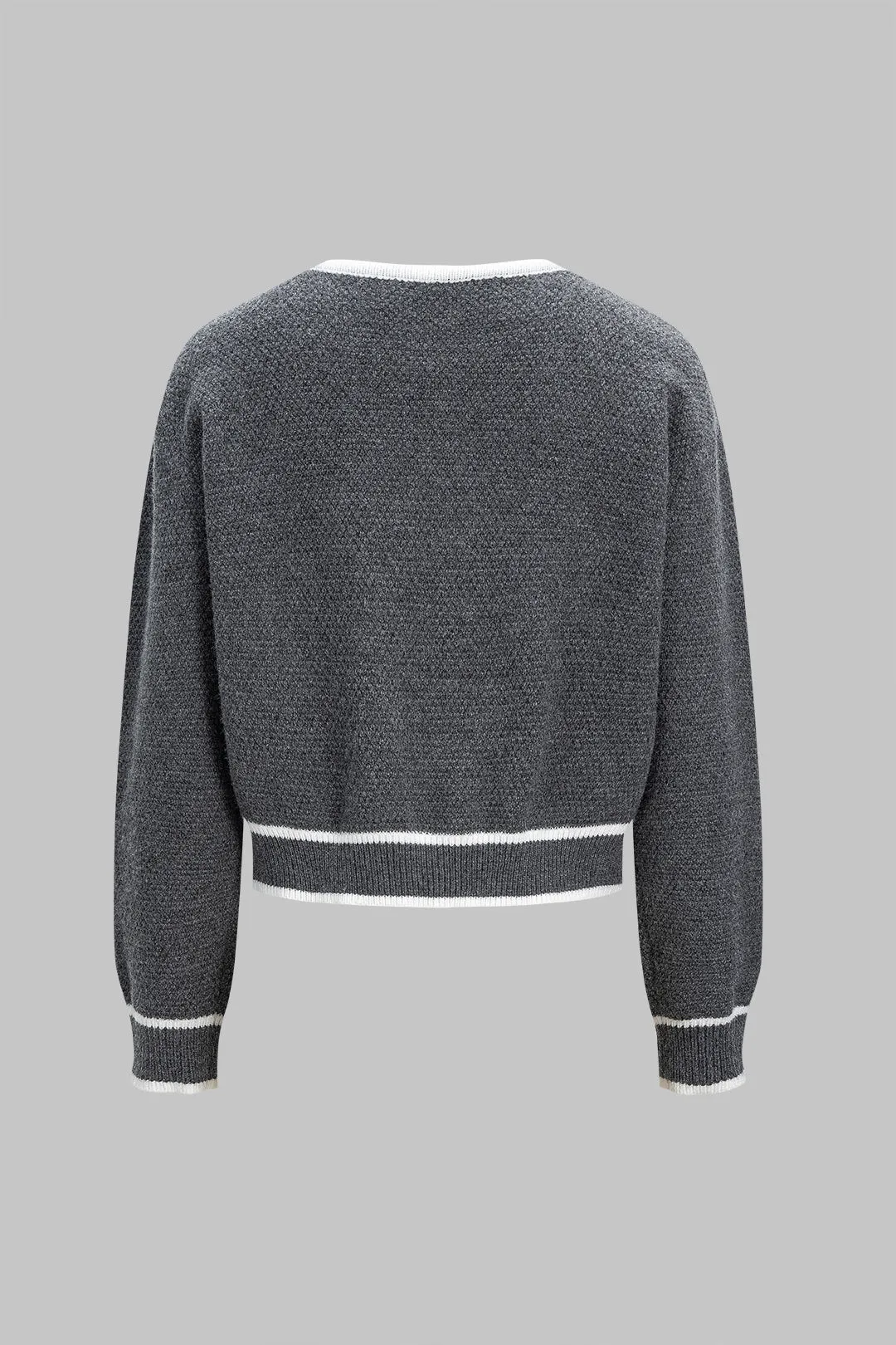 Knit Round Neck Contrast Binding Metallic Button Cardigan sold by Micas product image thumbnail 3