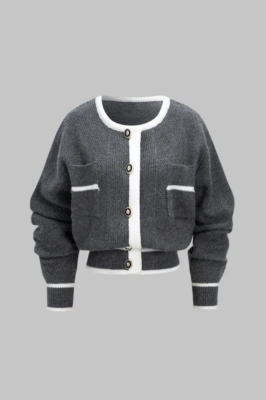 Knit Round Neck Contrast Binding Metallic Button Cardigan sold by Micas
