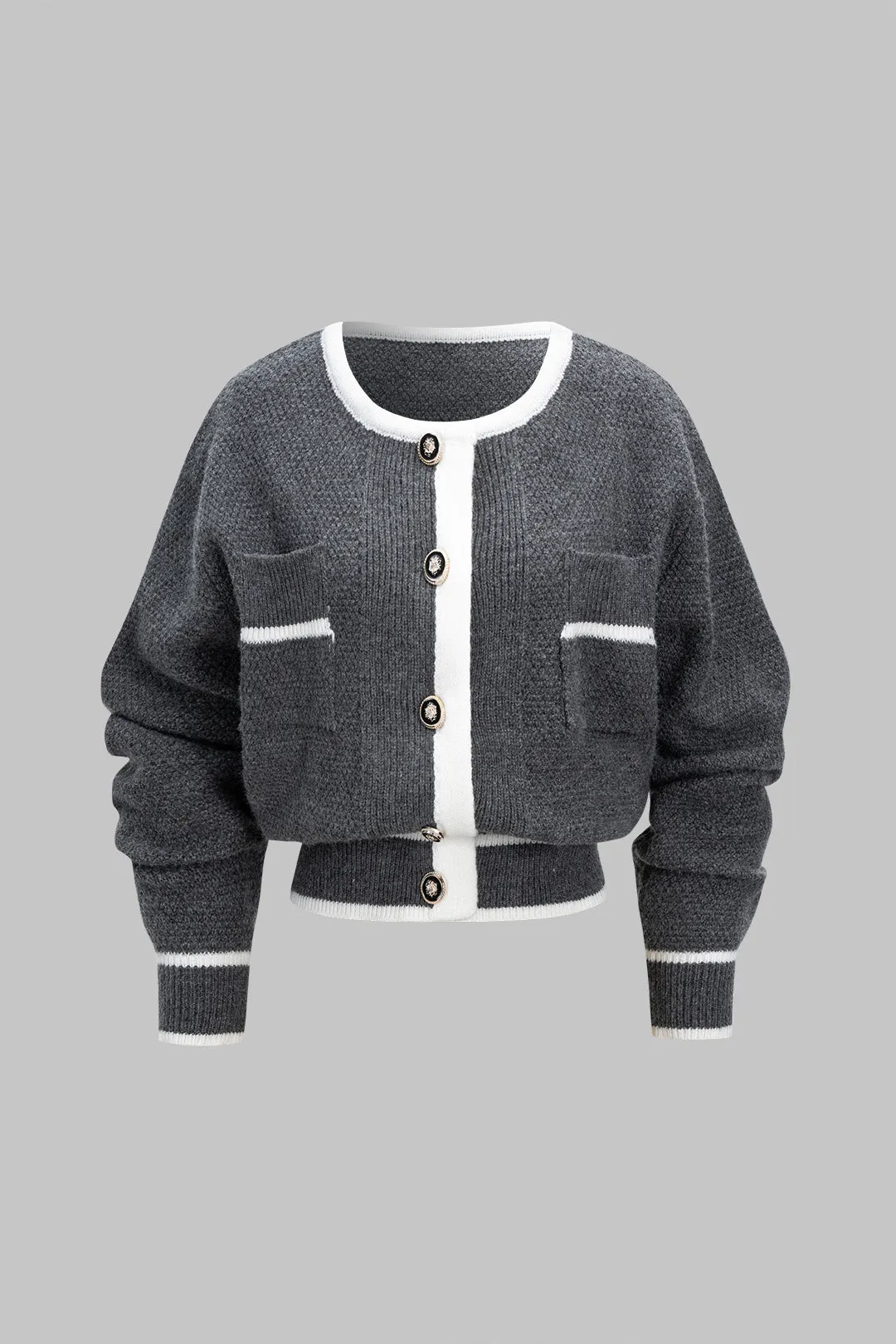 Knit Round Neck Contrast Binding Metallic Button Cardigan sold by Micas