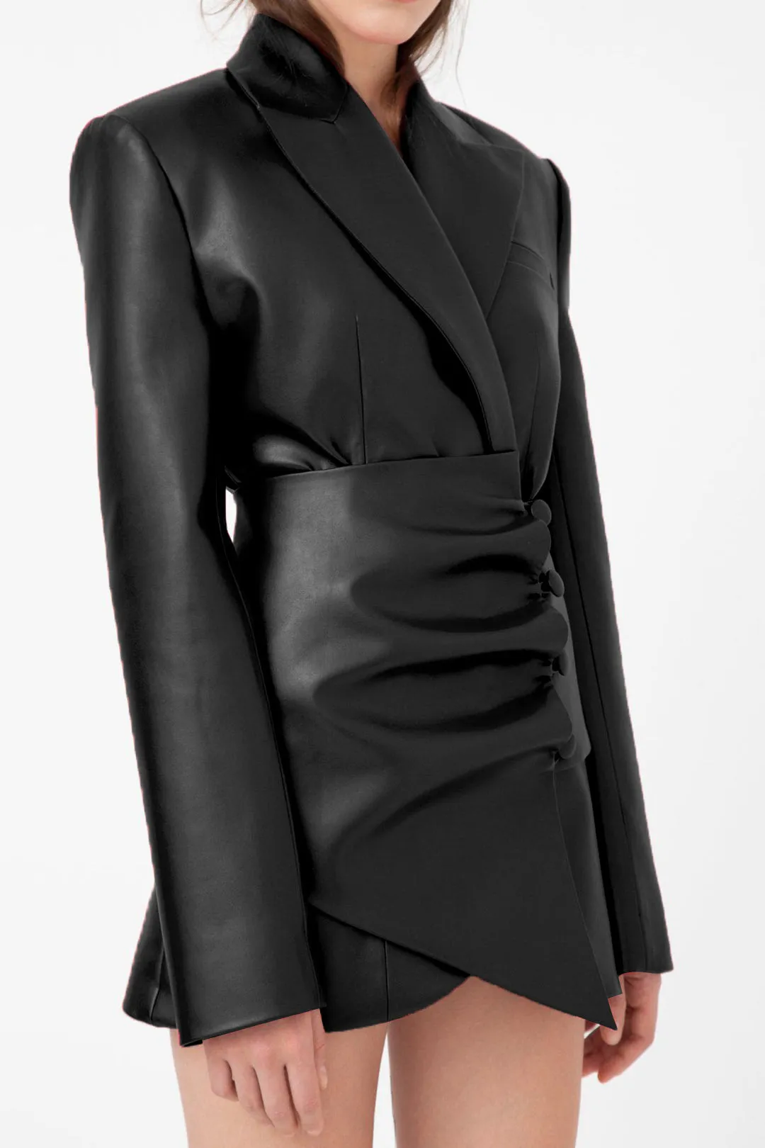 Faux Leather Button Ruched Notched Lapel Asymmetrical Blazer sold by Micas product image thumbnail 3