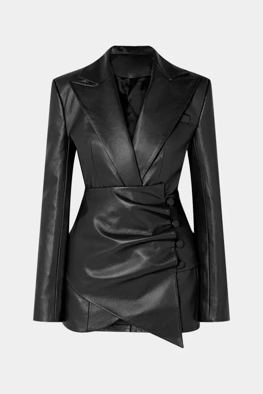 Faux Leather Button Ruched Notched Lapel Asymmetrical Blazer sold by Micas