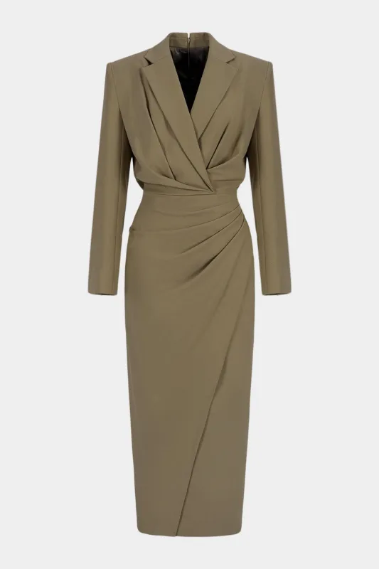 Ruched Notched Lapel Asymmetrical Long Sleeve Maxi Dress made by Micas
