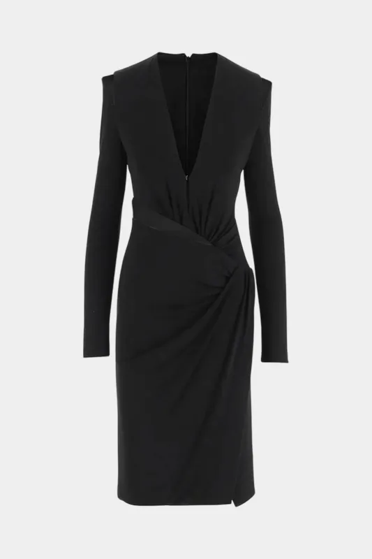 Faux Leather Patchwork Ruched V-Neck Long Sleeve Midi Dress sold by Micas