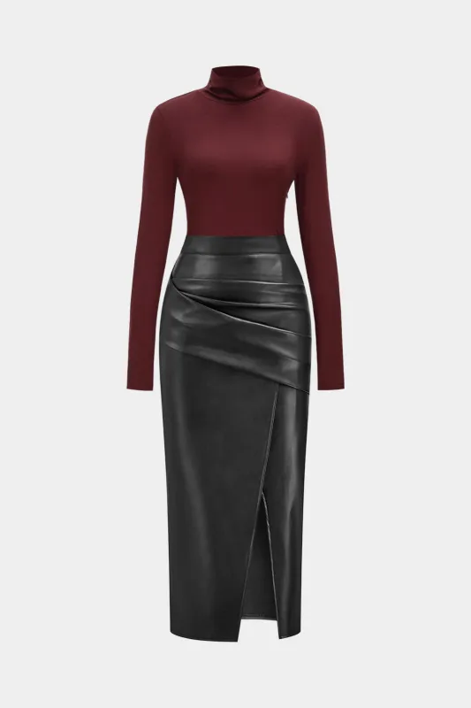 Faux Leather Patchwork Mock Neck Ruched Long Sleeve Midi Dress sold by Micas