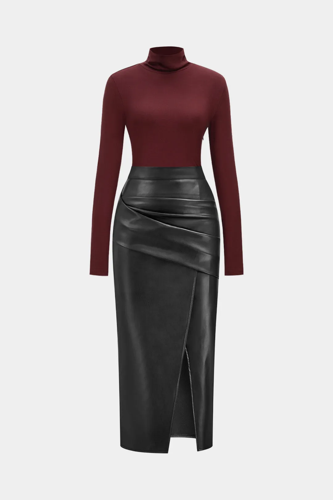 Faux Leather Patchwork Mock Neck Ruched Long Sleeve Midi Dress sold by Micas